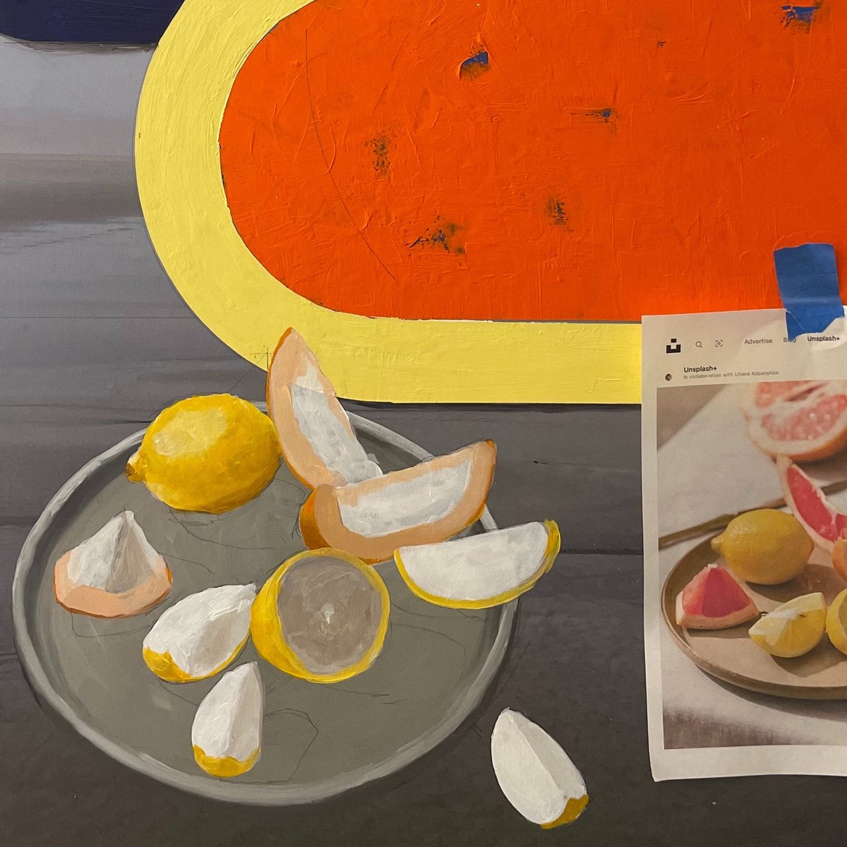 Work-in-progress photo of a painting of plate of citrus, showing under painting and drawing.