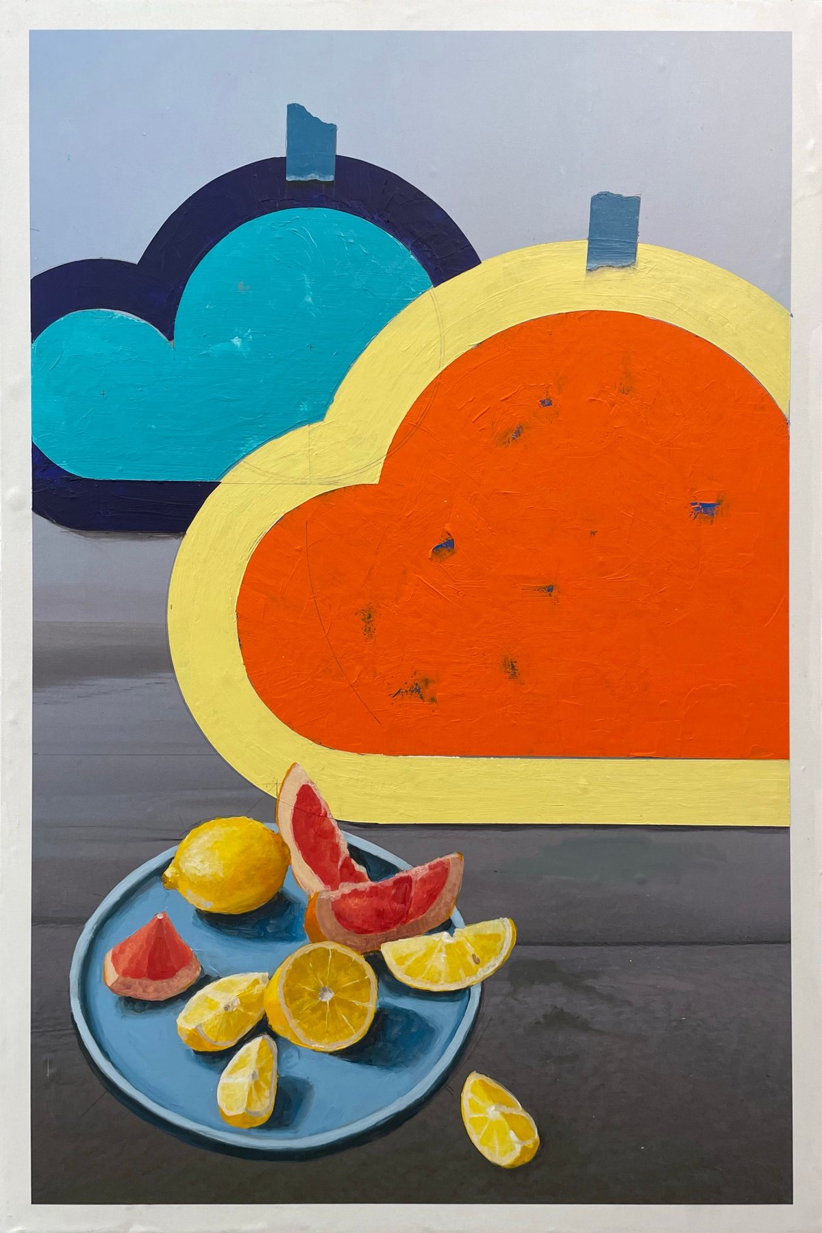 Painting of clouds over a grey beach with a plate of citrus